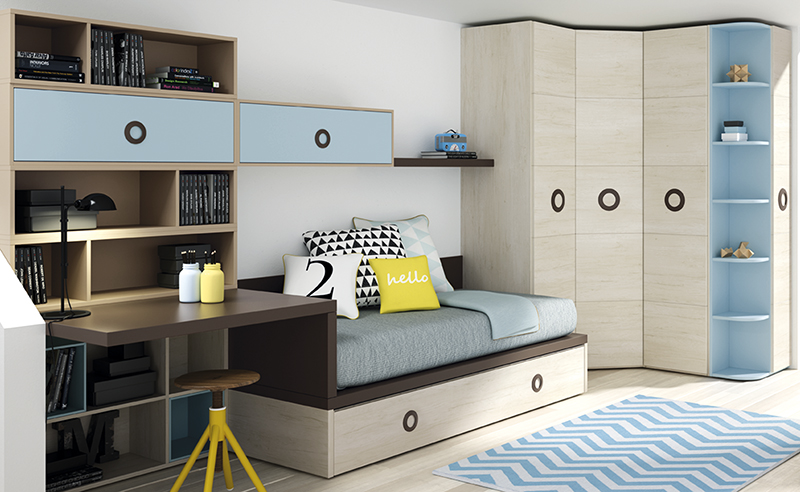 Dormitorio infantil modelo Flandes. Acabado estratificado en tonos natural, chocolate y azul.
