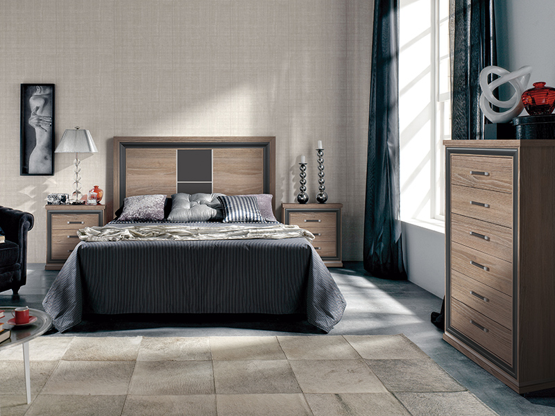  Dormitorio en roble y laca gris con aplicaciones de acero. Cabecero tapizado en auténtico capitoné opcional.